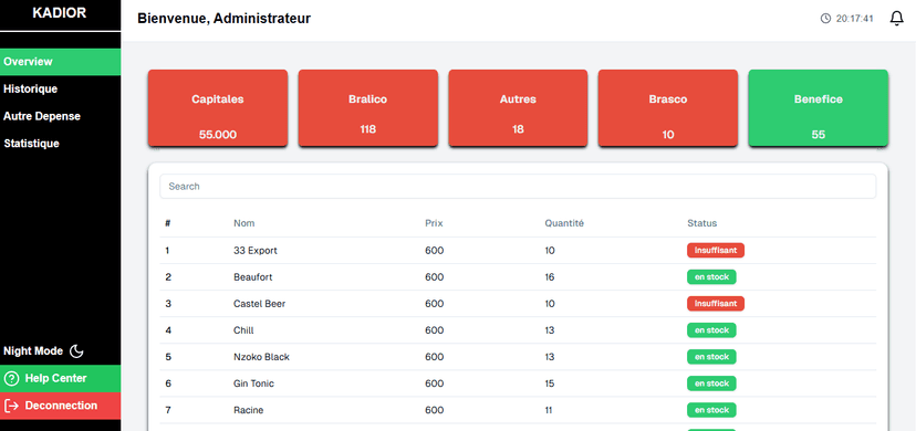 Capture d'écran du projet Kadior (Gestion de Bars - Congo Brazzaville)